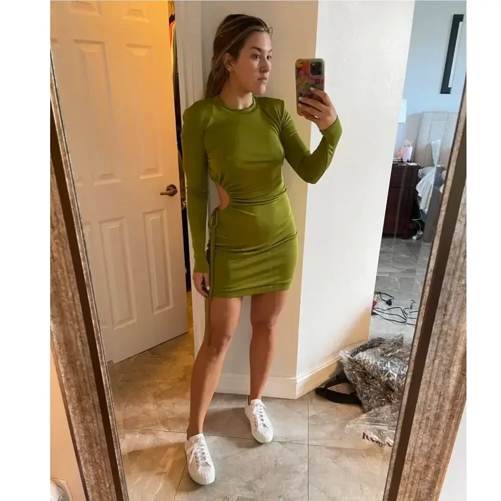 Louna Slinky Dress Green Jersey Knit Mini Waist Cut Out Bodycon Long Sleeve Sz M - Picture 5 of 13